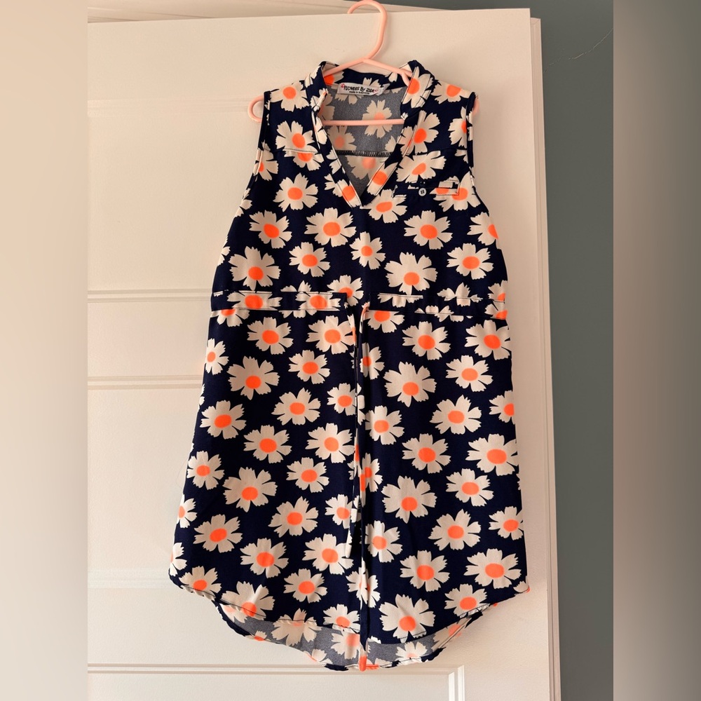 Girls Floral Sleeveless V Neck Dress with Drawstring at Waist-Size 8